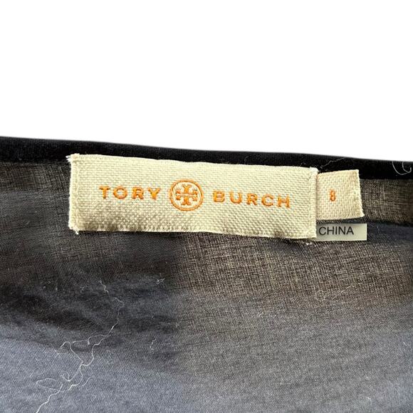 TORY BURCH Navy Blue Embroidered Peasant Blouse Women's Size 8 Lightweight Glam - Picture 5 of 6